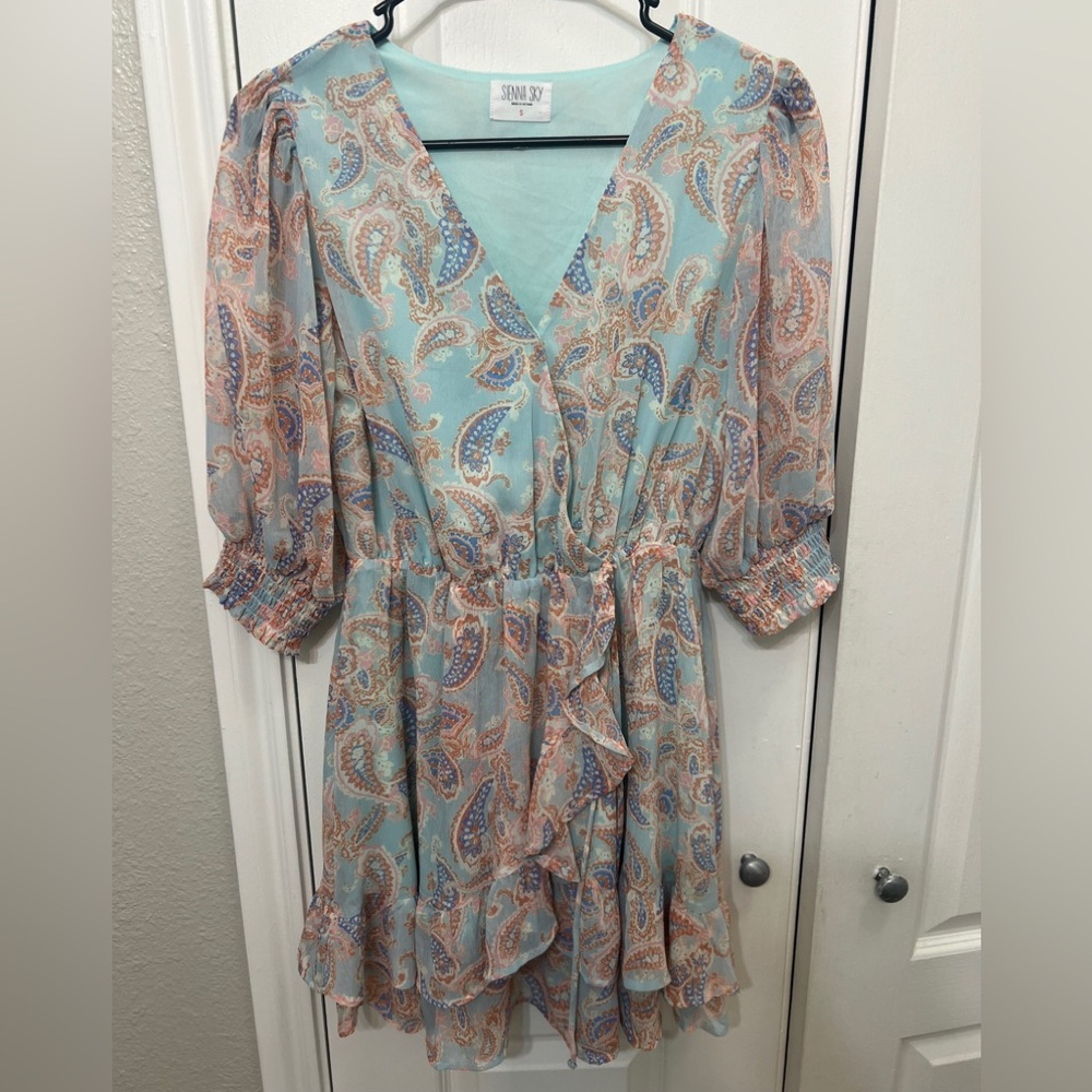 Sienna Sky Aqua and Peach Paisley Ruffle Mini Dress